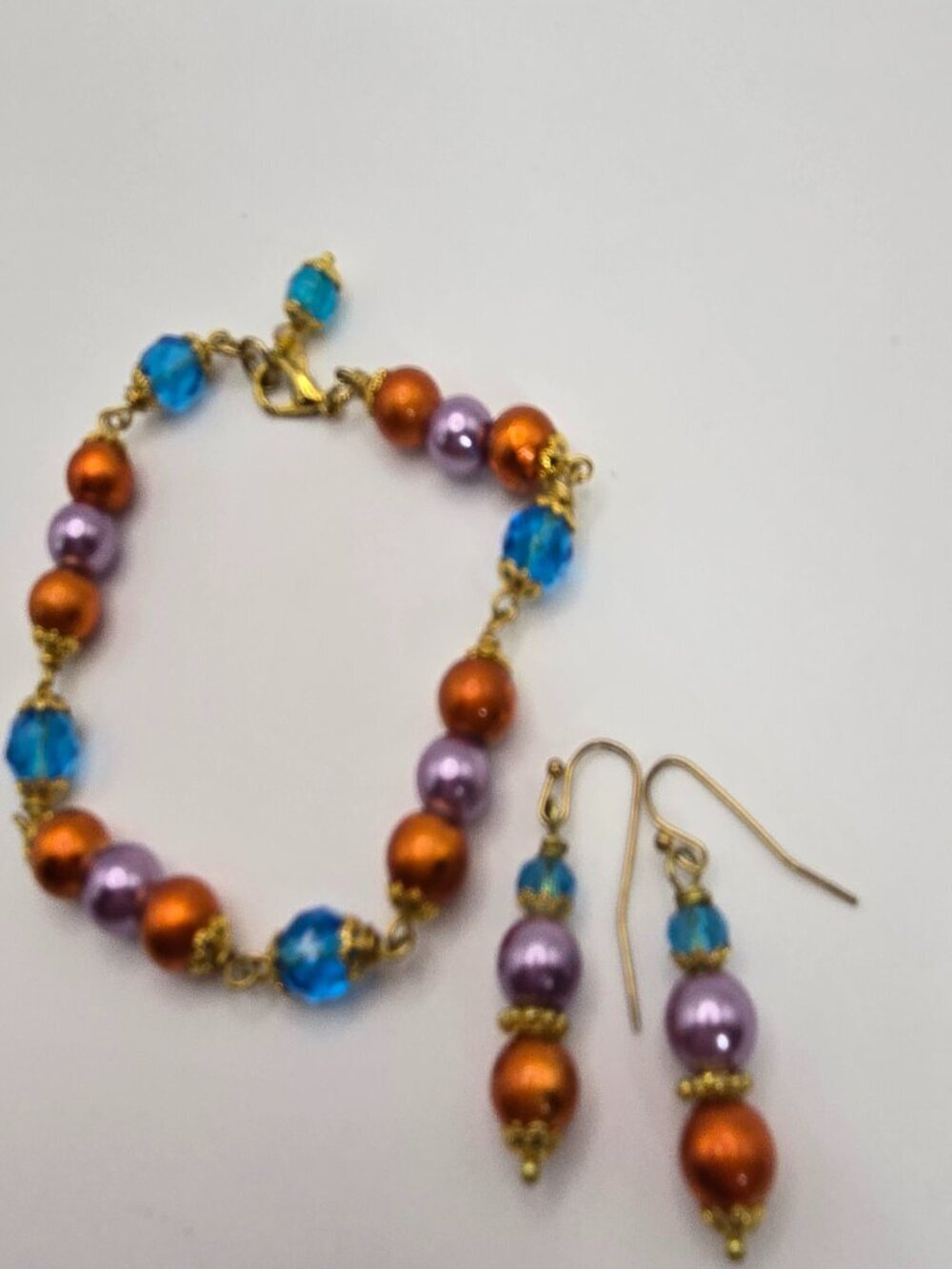 Bright Bracelet and Earring Set Orange Purple Blue Gold Beads Glass Handmade